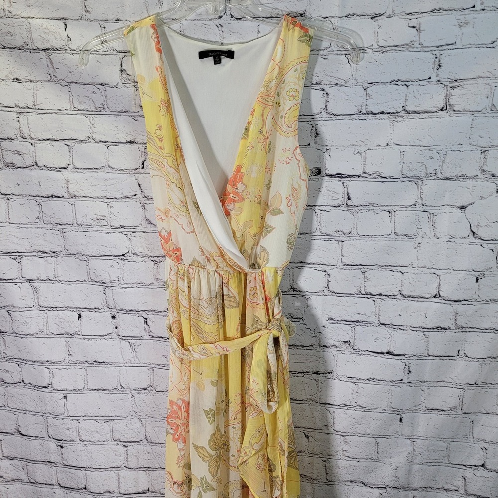 Ellen Weaver Sz 10 Yellow‎ Maxi Dress V Neckline Chiffon Summer Empire Faux Wrap